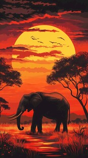 夕阳下独行的非洲大象
