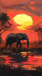 夕阳下独行的非洲大象