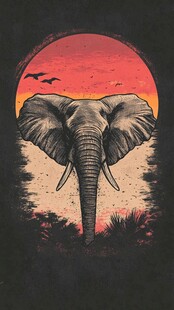 夕阳下的大象与飞鸟图景