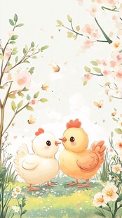 春日萌鸡亲昵图