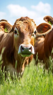 田野中的棕色奶牛特写