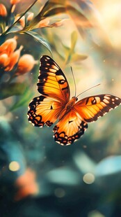 橙蝶舞于繁花绿叶间