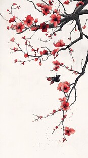 红梅枝头飞鸟图