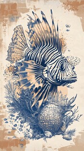 复古风狮子鱼海洋插画