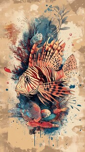 水彩绘斑斓狮子鱼海洋风