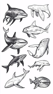 多样鲸鱼手绘插画集合
