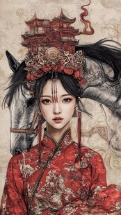 古风红衣女子与马的奇幻图景