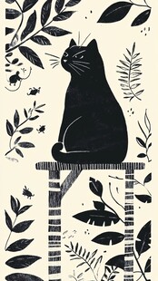 黑猫坐凳于绿植环绕间