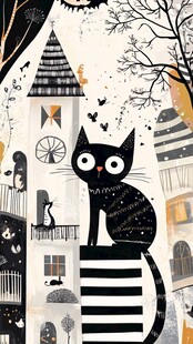 黑猫在奇幻小镇的屋顶
