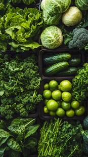 新鲜多样的绿色蔬菜与水果