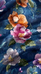 蓝底多彩花卉布料图案