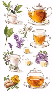手绘清新花草茶饮插画