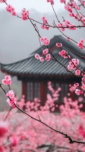古风建筑旁的烂漫桃花