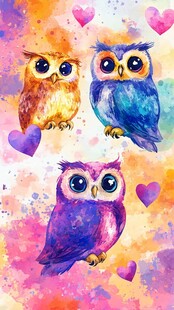 三只萌趣猫头鹰与爱心背景
