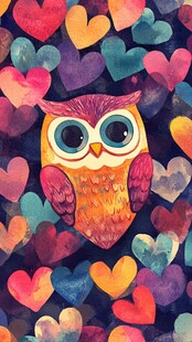 可爱猫头鹰置身多彩爱心海