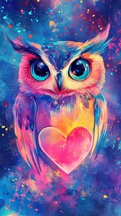 梦幻彩墨猫头鹰与爱心