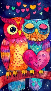 彩色猫头鹰的浪漫依偎