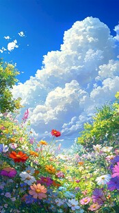 梦幻花海与蓝天白云