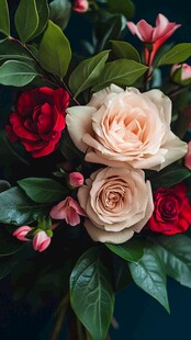 多彩玫瑰与绿叶的美丽组合