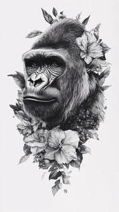 大猩猩花卉黑白插画