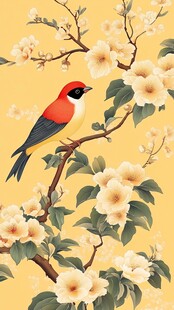 花鸟图 枝头雀与盛放繁花