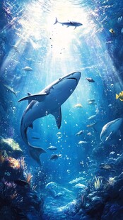 梦幻海底世界中的鲨鱼游弋