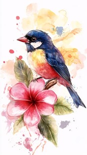 水彩绘小鸟栖于繁花旁