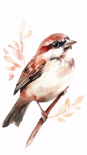 水彩画中的栖息麻雀