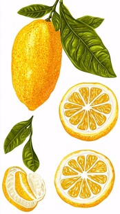 手绘鲜柠檬及切片展示图