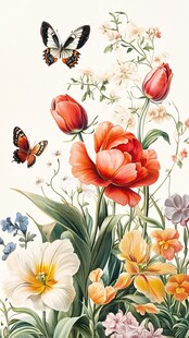 花卉丛中双蝶飞舞