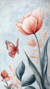 粉色郁金香与蝴蝶插画
