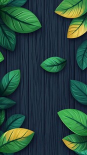 深木背景上的多彩绿叶