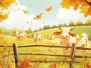 秋日牧场景致中的可爱奶牛