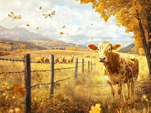 秋日牧场的温馨田园景象