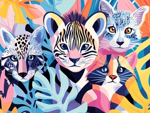 多彩萌猫与热带植物插画