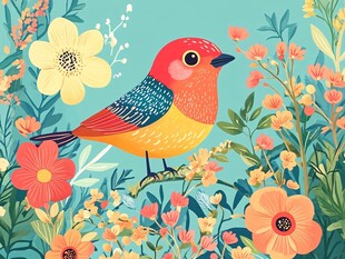 花丛中栖息的彩色小鸟
