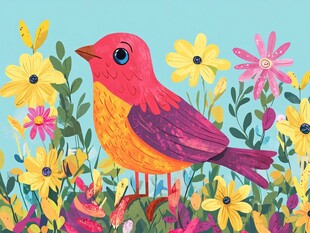 花丛中的彩色小鸟