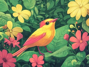 花丛中的艳丽小鸟