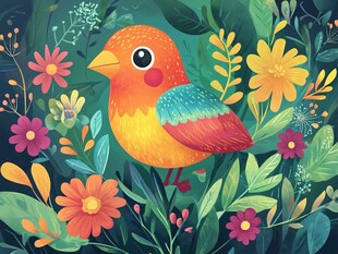 彩色小鸟置身缤纷花丛中
