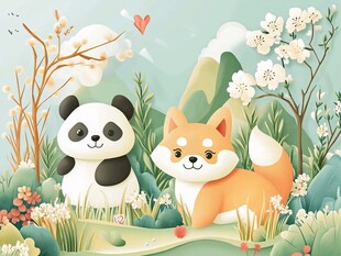 熊猫与柴犬的春日邂逅