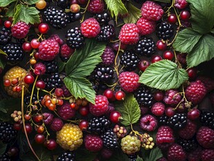 多彩浆果与绿叶的诱人组合