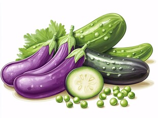 紫茄青瓜与豌豆静物图