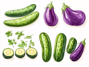 黄瓜茄子插画素材集合