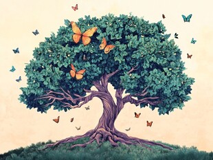 蝴蝶绕树的梦幻自然景象