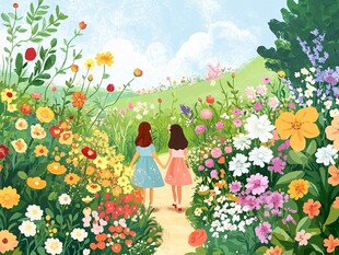 漫步花海的姐妹