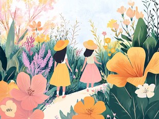 漫步花海的姐妹背影