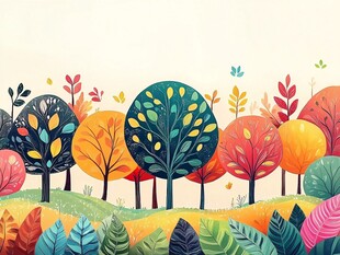 秋日缤纷树林插画风景