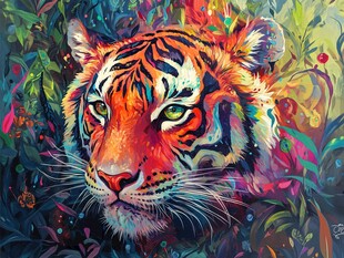 斑斓猛虎置身奇幻丛林间