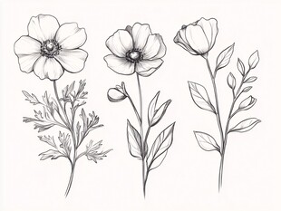 手绘银莲花植物线稿图