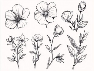 手绘花卉植物线条插画